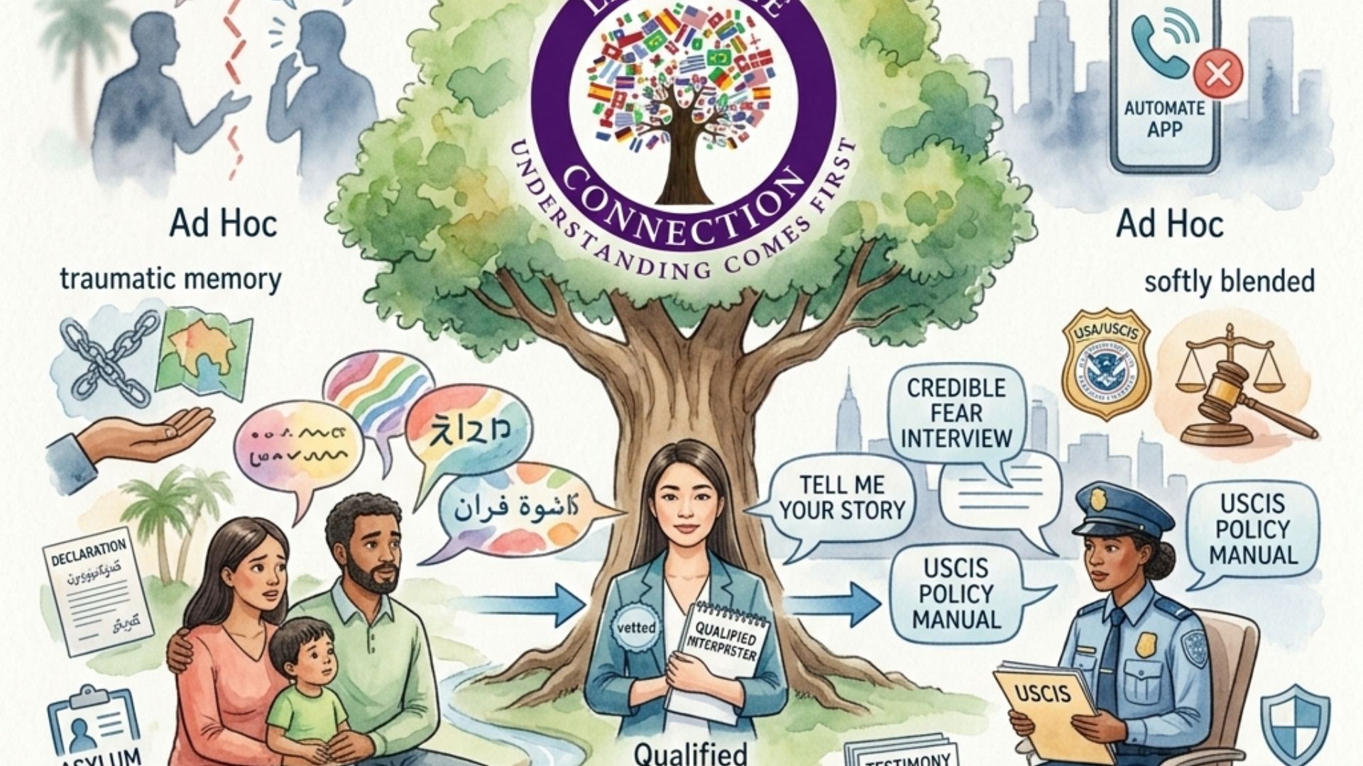 An illustration depicting the immigration process, showing an immigrant family interacting with a qualified immigration interpreter and a USCIS officer