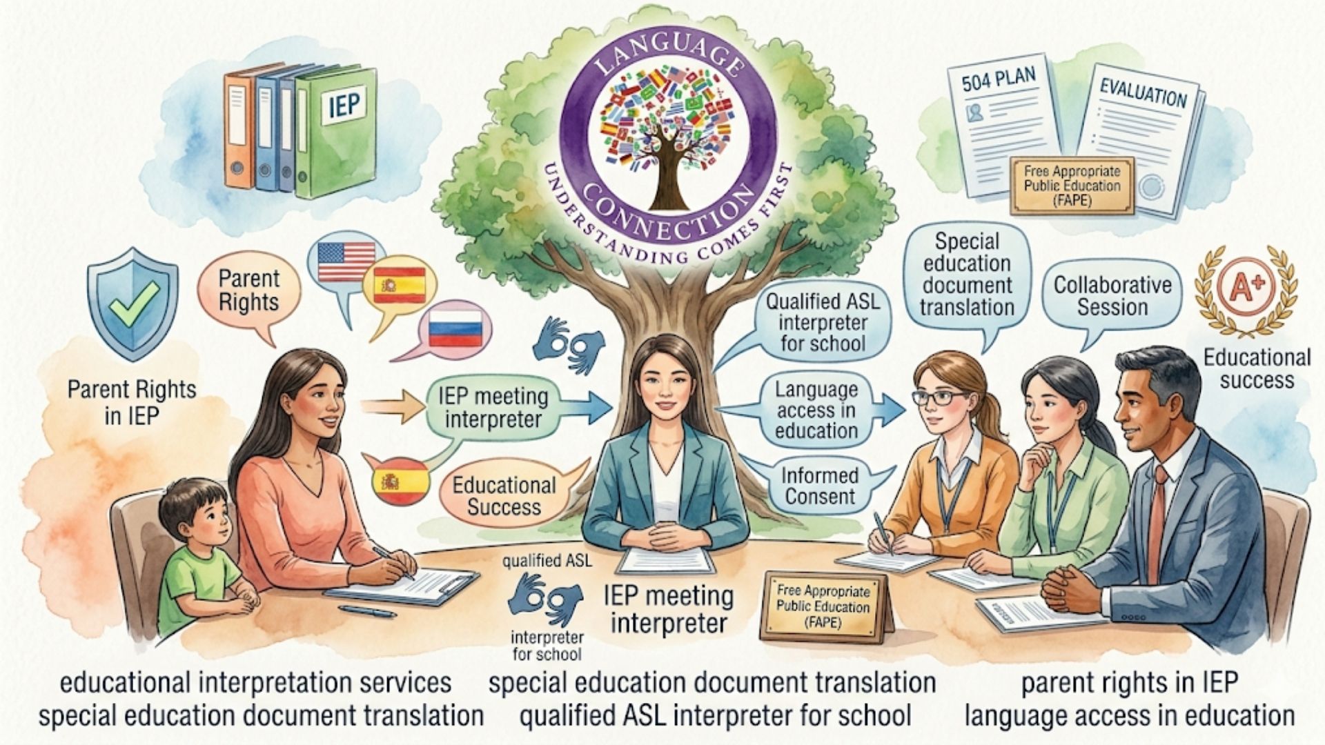 Illustration depicting educational interpretation services, special education document translation, and parent rights in IEPs