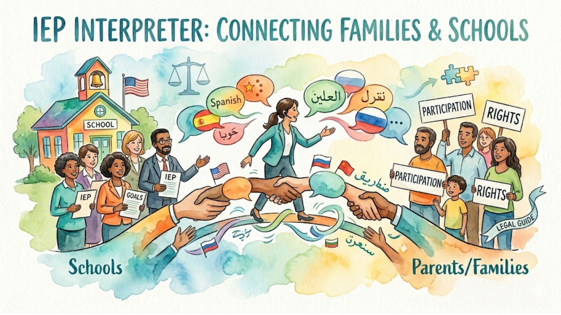 Illustration showing an IEP interpreter connecting families and schools.