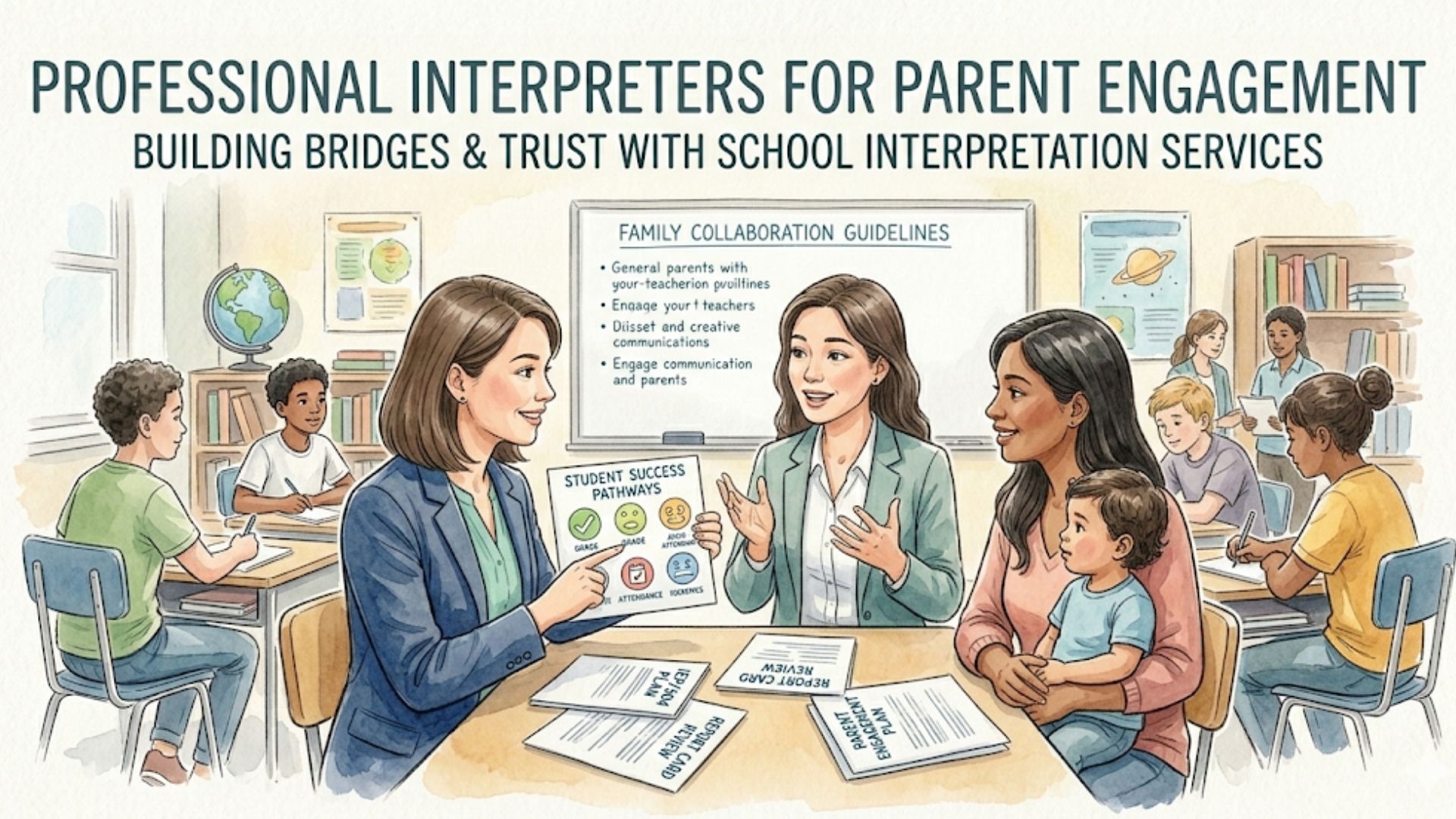Professional interpreters engage with parents and students in a classroom setting, discussing "Family Collaboration Guidelines" and "Student Success Pathways" on a whiteboard and chart.