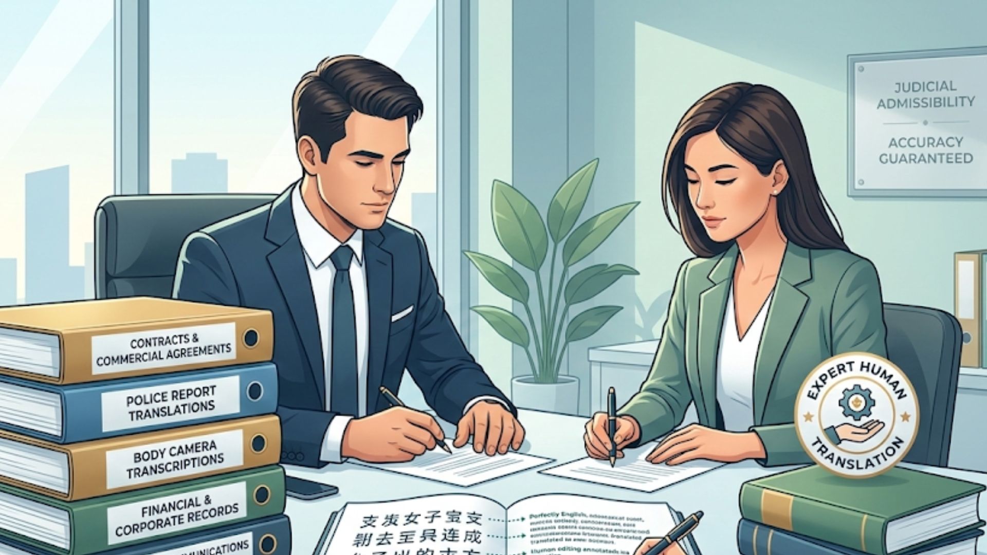 Two professionals are working at a desk with stacks of legal documents