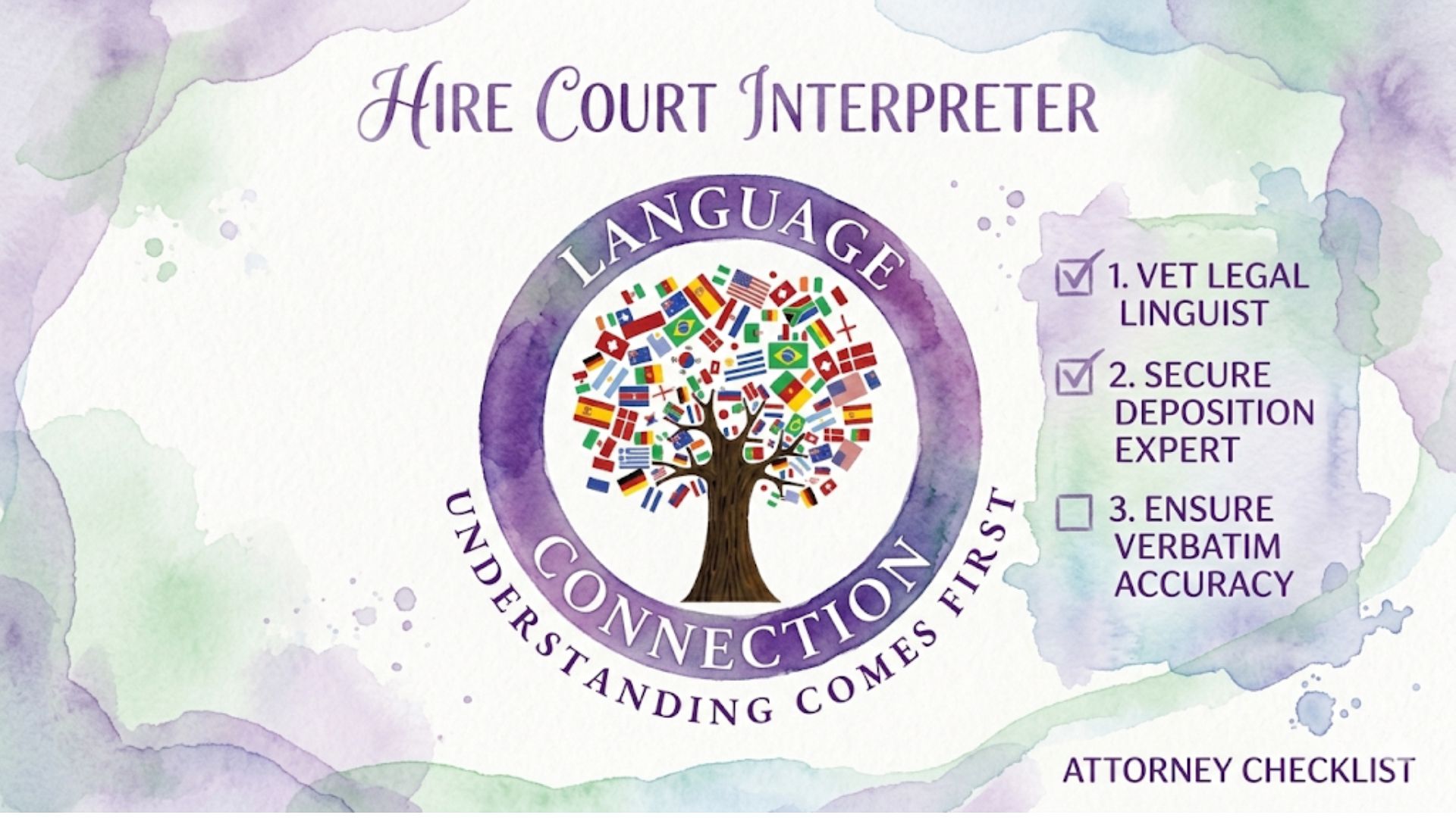 A graphic titled 'Hire Court Interpreter' with a checklist for attorneys. The checklist includes verifying legal linguists, securing deposition experts, and ensuring verbatim accuracy