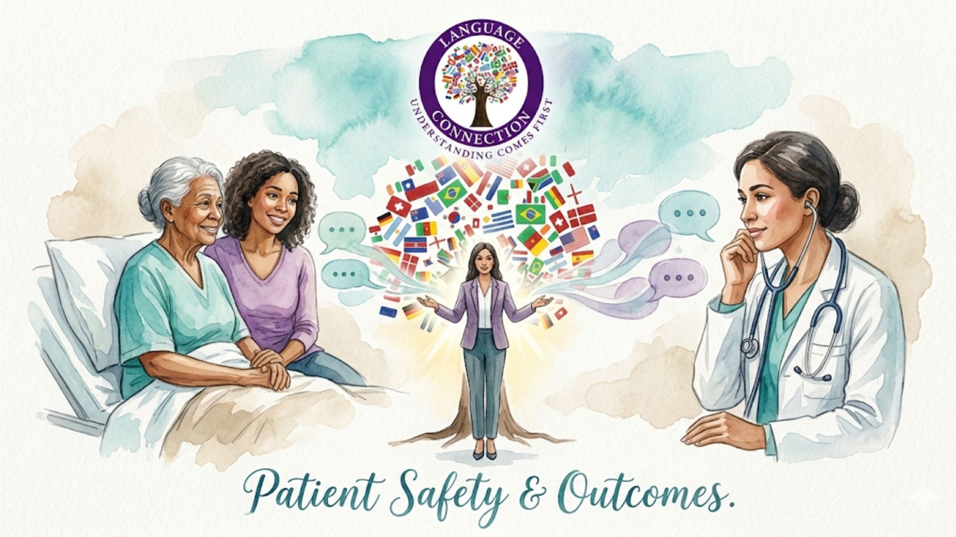 A healthcare professional communicating with diverse patients, with a tree of flags symbolizing language connections and the words "Patient Safety & Outcomes"