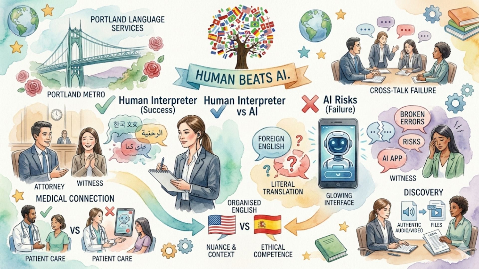 An illustration comparing human interpreters to AI, highlighting human interpreters' success in areas like attorney, witness, and patient care