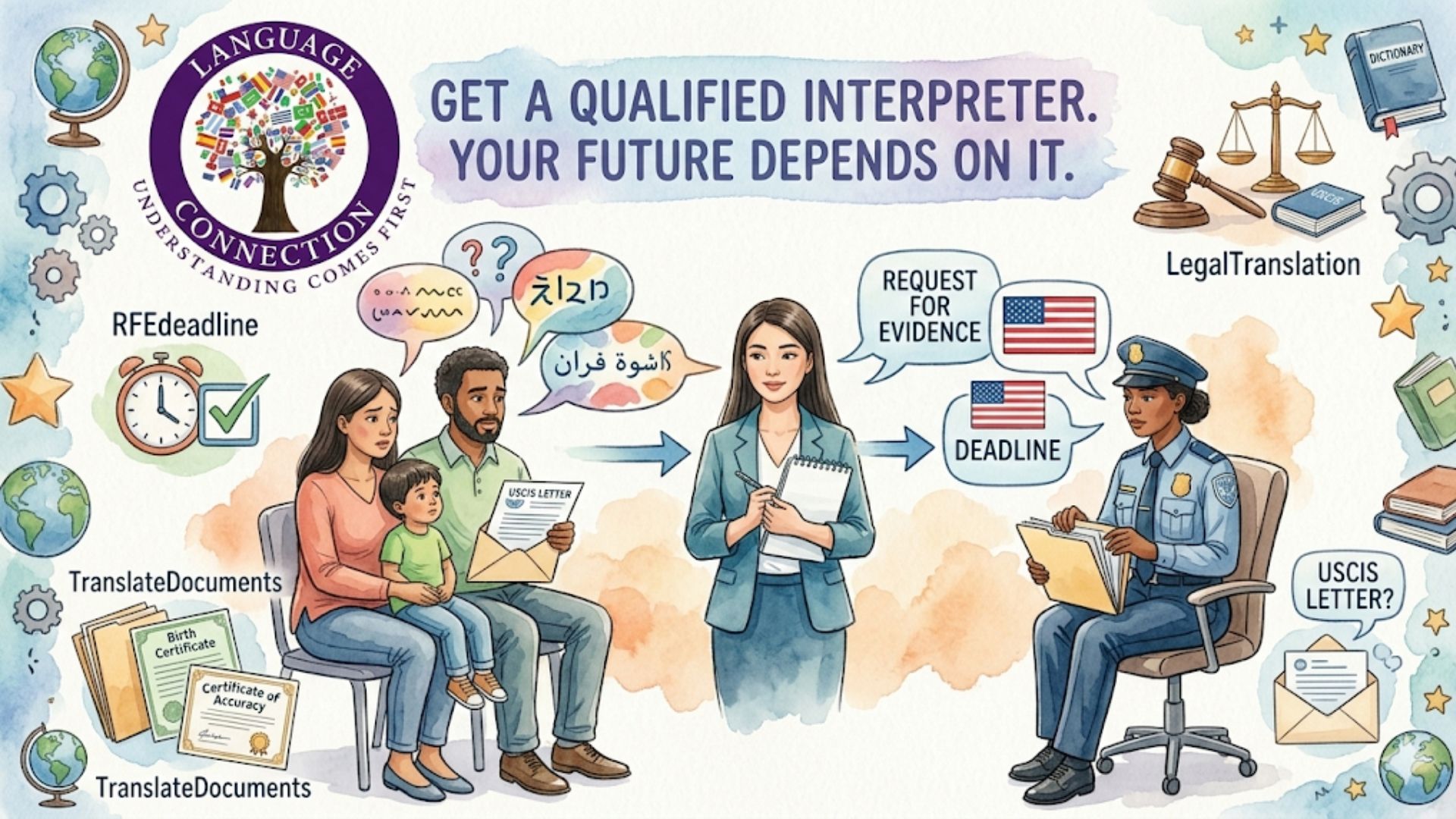 Illustration depicting a family interacting with an interpreter and a USCIS officer, with elements symbolizing legal translation, deadlines, and documents.