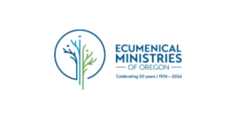 Logo for Ecumenical Ministries of Oregon celebrating 50 years, 1974-2024, featuring a stylized tree within a circle