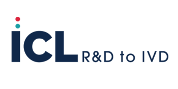 The ICL logo features the letters ICL in dark blue, with three small colored dots above the I. To the right of ICL, R&D to IVD is written in dark blue text