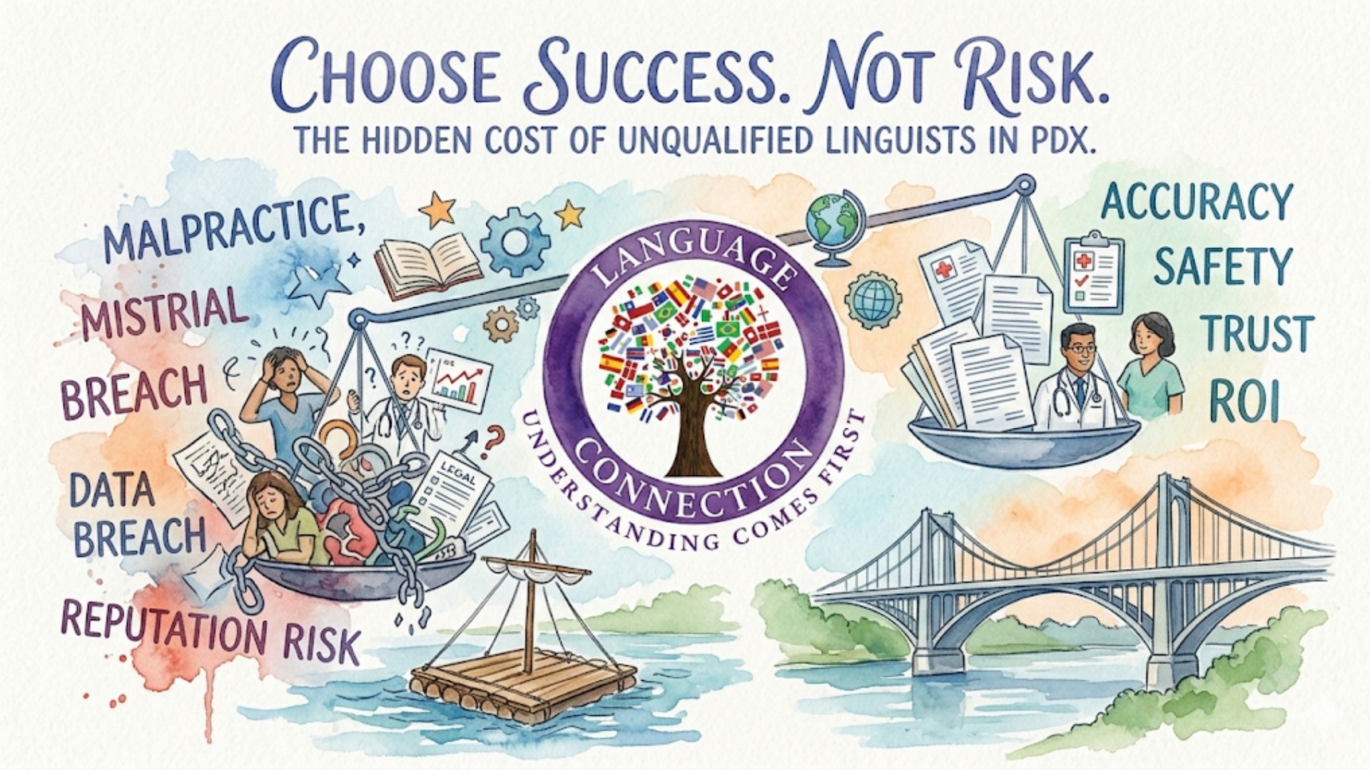 The illustration contrasts the risks of using unqualified linguists, shown on the left with a sinking raft, chains, and words like malpractice and data breach