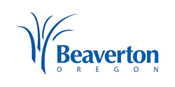The logo for Beaverton, Oregon, features stylized blue grass-like shapes and the words _Beaverton_ and _Oregon_ in blue text