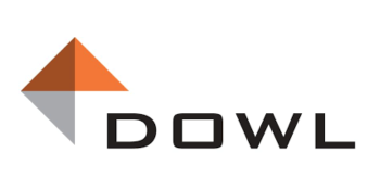 The logo for DOWL features a geometric design with orange and gray triangles forming a diamond shape, next to the company name in black sans-serif font