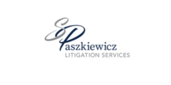 The logo for Paszkiewicz Litigation Services features stylized initials 'SP' in gray and navy blue, with the full name 'Paszkiewicz' and 'LITIGATION SERVICES' below in navy blue and gray text