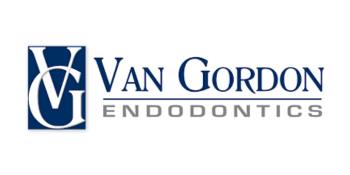 The logo for Van Gordon Endodontics features the letters V and G intertwined in a square on the left, with the words _Van Gordon_ in blue text above _Endodontics_ in gray text