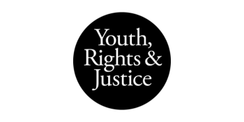 The words _Youth, Rights & Justice_ are written in white text against a black circular background