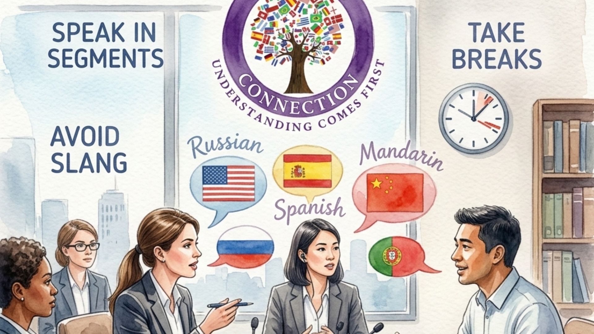 A business meeting with people speaking different languages, with tips for effective communication such as speaking in segments, avoiding slang, taking breaks, and environmental setup.