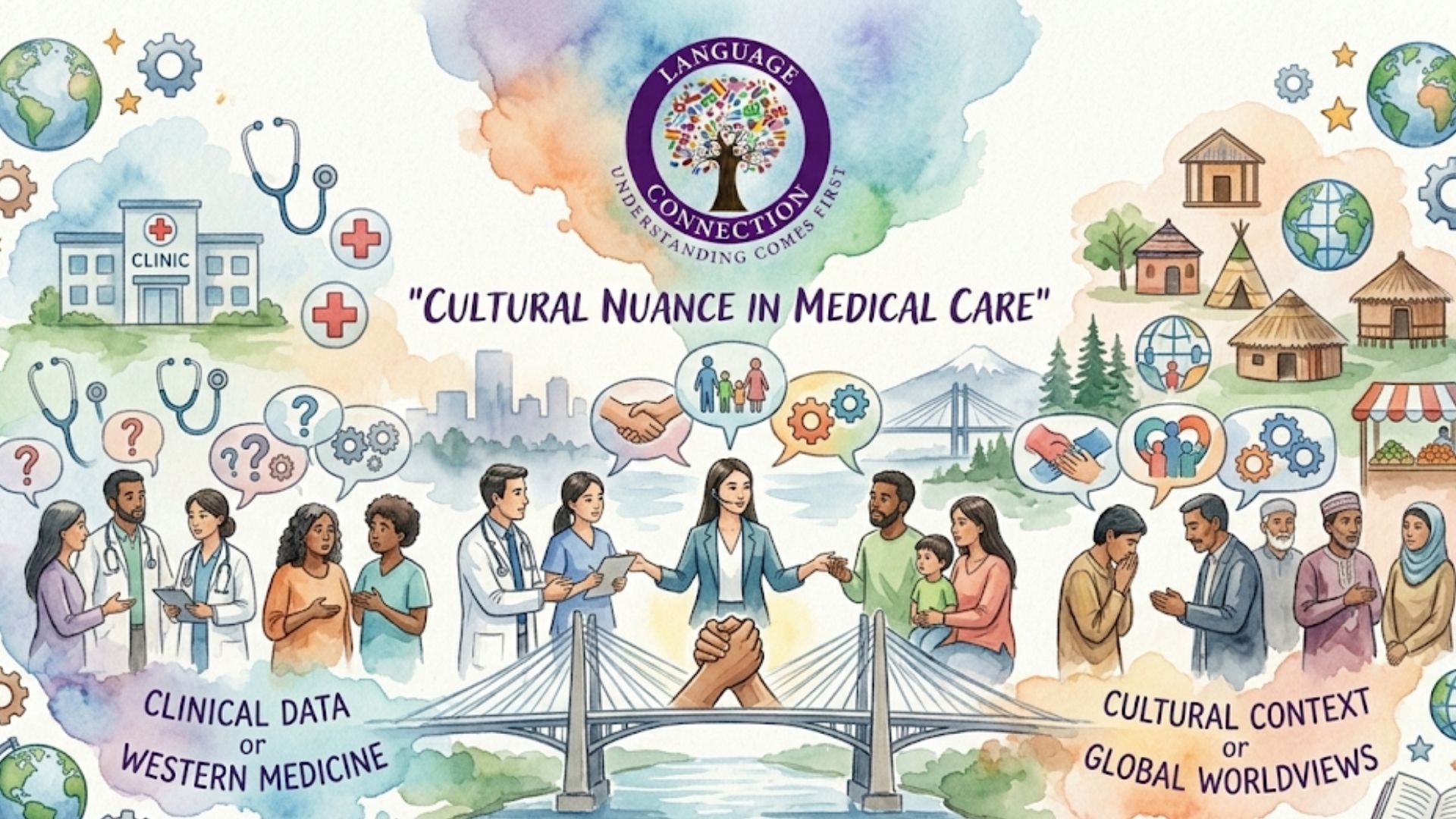 Illustration depicting "Cultural Nuance in Medical Care" with diverse groups of people, medical facilities, and cultural symbols