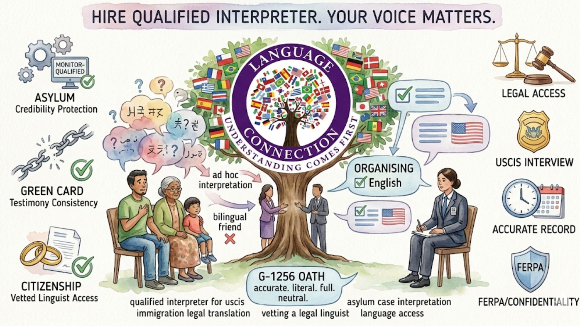 Illustration showing the services of a language connection company, including asylum, green card, and citizenship assistance