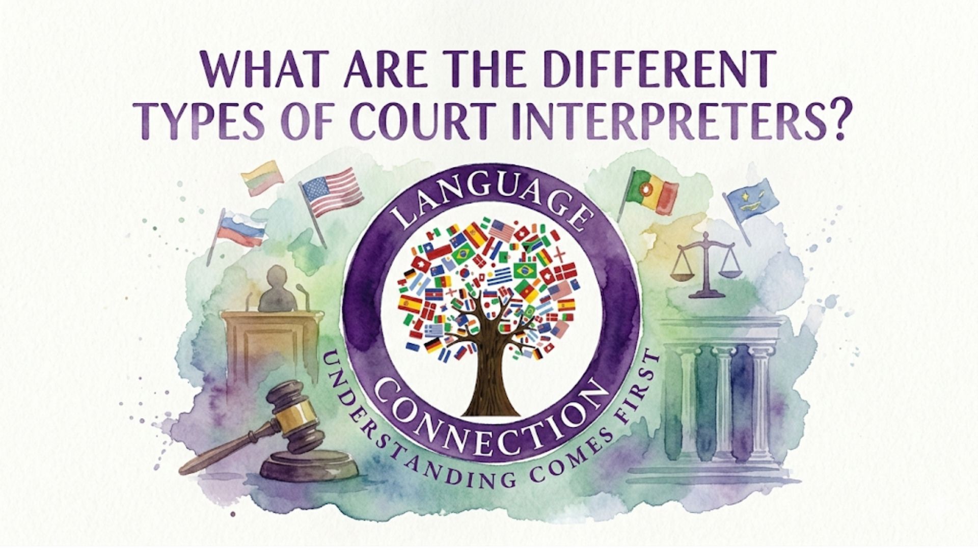 Text reads "WHAT ARE THE DIFFERENT TYPES OF COURT INTERPRETERS?" with a central image of a tree whose leaves are small flags of various countries